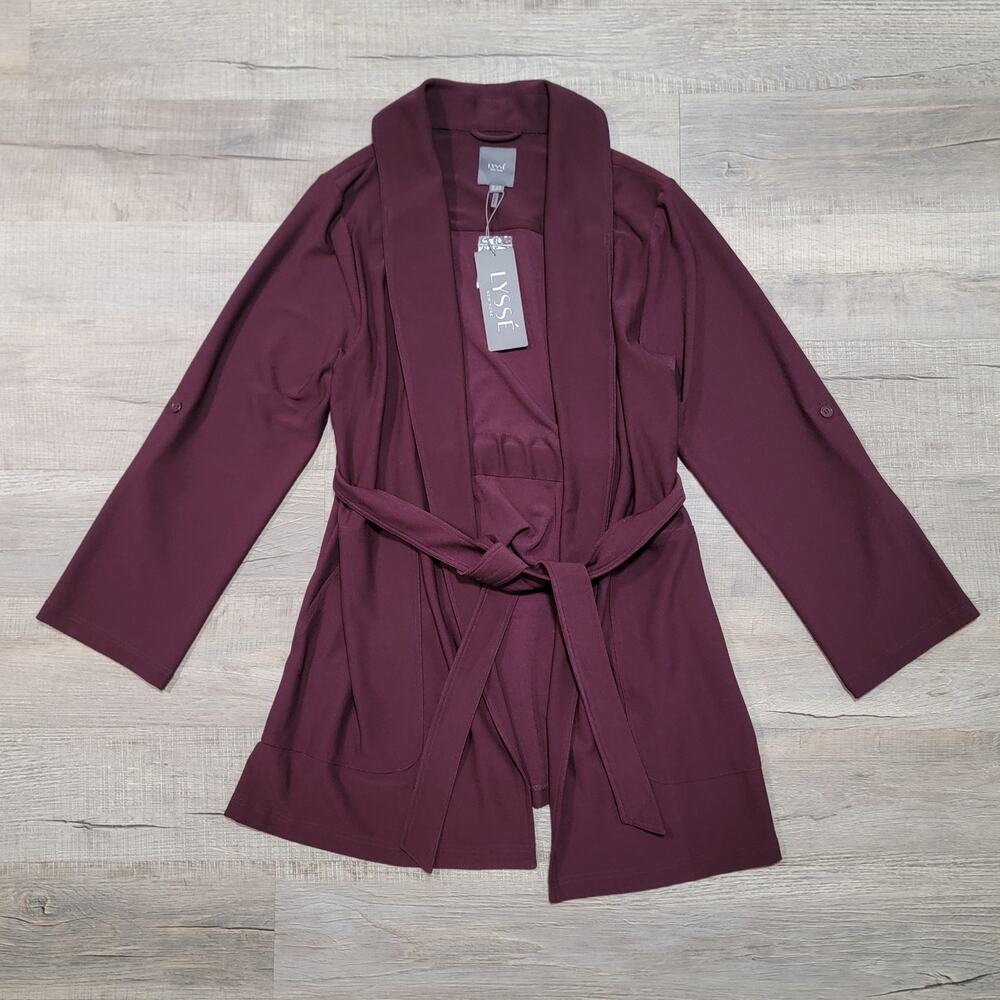 NWT Lysse Long Belted Wrap Jacket Top Size Large Fig Burgundy Red 24-2271-M7